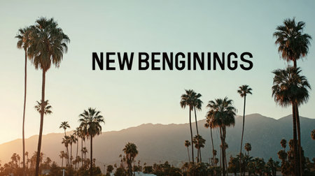 Capture the essence of new beginnings with this serene palm tree landscape at dusk. The perfect atmospheric backdrop for inspirational projects and creative endeavors.の素材