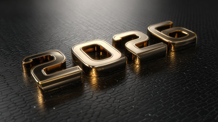 Vibrant metallic numbers "2026" rest on a textured dark surface, capturing the essence of future celebrations and aspirations for the New Year, inspiring creativity.の素材