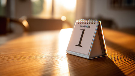 A minimalist calendar highlights January 1, basking in the soft morning light on a wooden table, creating a warm and inviting atmosphere to symbolize new beginnings.の素材