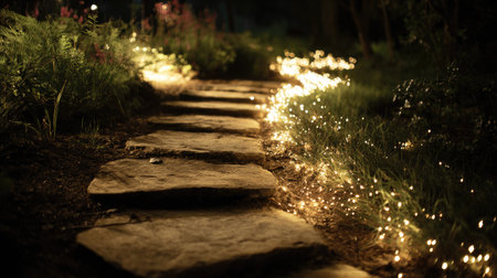 A serene garden pathway adorned with soft fairy lights creates a magical ambiance. The stone path curates a tranquil atmosphere, perfect for evening strolls.の素材