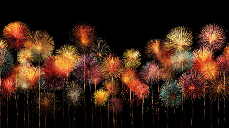 A breathtaking display of colorful fireworks bursts in the night sky, creating a captivating atmosphere perfect for festivities and celebrations. Ideal for any event.の素材