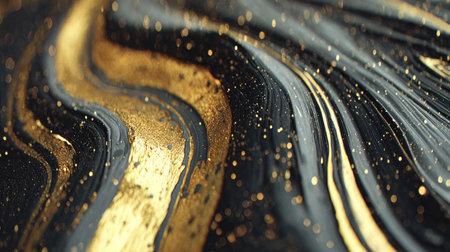 Discover a captivating black and gold abstract texture featuring fluid art that radiates elegance and richness, perfect for modern backgrounds or design projects.の素材