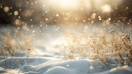 Experience the enchanting atmosphere of winter with soft sunlight illuminating snowflakes dancing in the air. A serene snow-covered landscape evokes tranquility and beauty.の素材