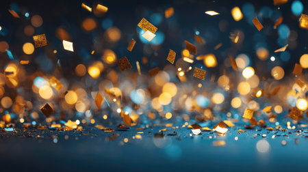 A vibrant scene of gold and blue confetti falling gracefully, creating a joyful and festive atmosphere perfect for any celebration or special event.の素材
