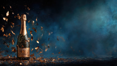A striking champagne bottle is surrounded by dynamic golden shards against a mesmerizing blue backdrop, capturing the essence of celebration and luxury for special moments.の素材