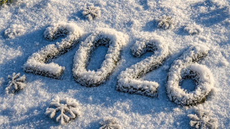 A serene scene showcasing the number 2026 etched in fresh white snow, surrounded by delicate snowflakes, under bright sunshine, perfect for winter themes.の素材