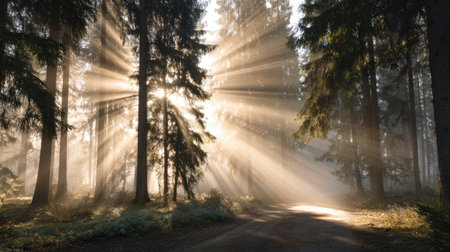 Capture the essence of a tranquil morning in the forest as sunlight breaks through towering trees, creating a magical atmosphere with soft mist and warm rays.の素材