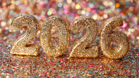 Vibrant and sparkling golden numerals depicting the year 2026 set against a colorful bokeh background, ideal for conveying festive spirit and celebration themes.の素材