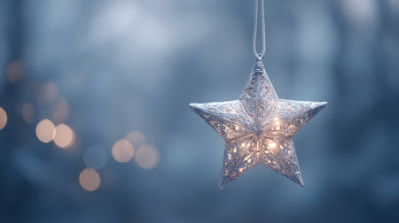 A stunning silver star ornament emits a warm glow against a serene blue backdrop, creating a magical holiday atmosphere perfect for winter-themed decor.の素材