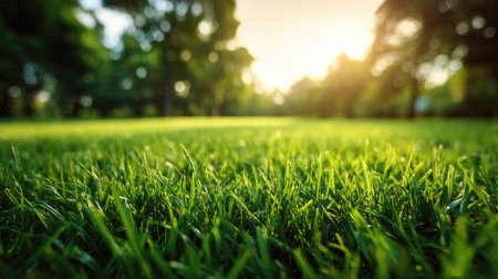 A close-up view of lush green grass illuminated by soft morning light, surrounded by trees, reflecting the beauty and tranquility of nature in a serene outdoor setting.の素材