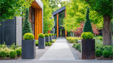 A stunning modern pathway leads to a contemporary home, framed by elegant planters and vibrant greenery, creating a serene and inviting outdoor space for relaxation.の素材