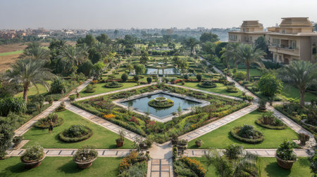 A breathtaking view of a beautifully arranged garden featuring lush greenery, tranquil ponds, and elegant flower beds, perfect for relaxation in a serene environment.の素材