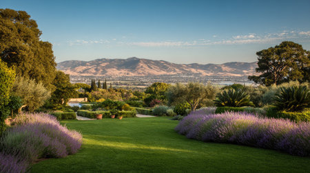 Breathtaking view of lush lavender fields leading to rolling hills, with majestic mountains in the distance under a clear blue sky, ideal for nature enthusiasts.の素材