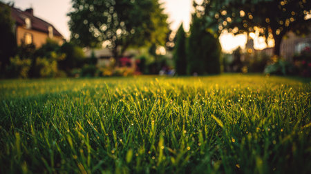 Explore a vibrant green lawn adorned with morning dew, basking in soft sunlight. This serene outdoor scene captures the beauty of nature in a tranquil backyard setting.の素材