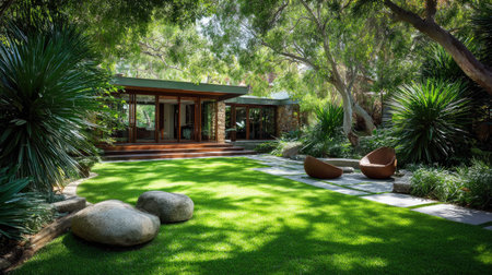 A tranquil backyard space featuring a lush green lawn, modern outdoor seating, and contemporary architecture nestled among trees, offering a peaceful retreat in nature.の素材