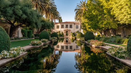 A stunning view of an elegant mansion set against a backdrop of lush palm trees and vibrant flower beds, reflecting beautifully in a serene garden pond.の素材