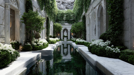 Discover the serene beauty of an elegant garden featuring a reflective water pool surrounded by lush greenery and sophisticated architecture, perfect for relaxation.の素材