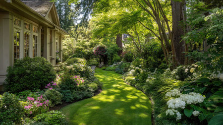 A beautiful garden pathway invite strolls surrounded by vibrant blooms and rich foliage. Sunlight dappled through trees creates a serene outdoor retreat.の素材