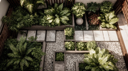 A captivating aerial view of a modern garden filled with lush green plants and structured pathways. This tranquil space offers an oasis of natural beauty in an urban environment.の素材