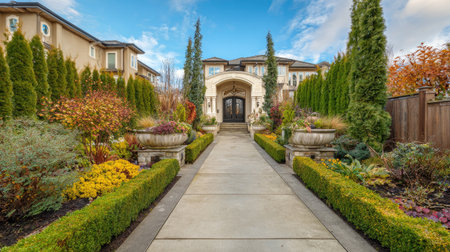 Experience the beauty of an elegant pathway leading to a grand home, surrounded by vibrant gardens, under a bright blue autumn sky, showcasing peaceful tranquility.の素材