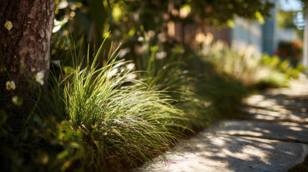 Close-up of vibrant grass along a stone pathway illuminated by soft sunlight, creating a peaceful outdoor environment perfect for relaxation and natural inspiration.の素材