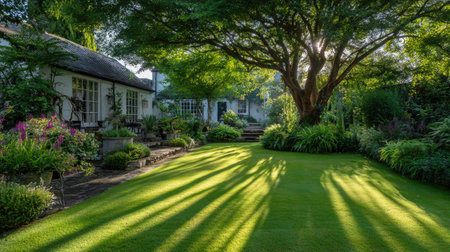 A tranquil garden scene featuring a lush green lawn, vibrant plants, and majestic trees. Sunlight filters through the leaves, casting beautiful shadows, inviting relaxation.の素材