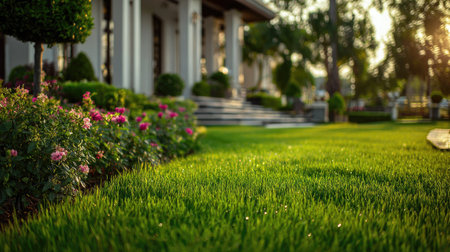 Gorgeous green lawn with colorful flowers creates a serene outdoor space. Soft sunlight bathes the garden, enhancing the inviting atmosphere and vibrant colors.の素材