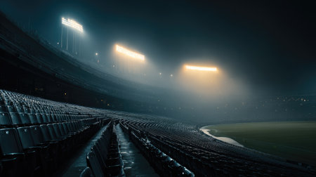 This image captures a stadium at night, shrouded in fog with empty seating and glowing lights, creating an atmosphere filled with anticipation and quiet serenity.の素材