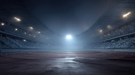 A stunning image of an empty stadium at night, featuring a running track illuminated by bright lights and enveloped in mist, evoking a sense of calm and anticipation.の素材