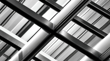 This image showcases an intricate abstract pattern of intersecting metallic bars in grayscale, highlighting modern design principles and structural beauty in architecture.の素材