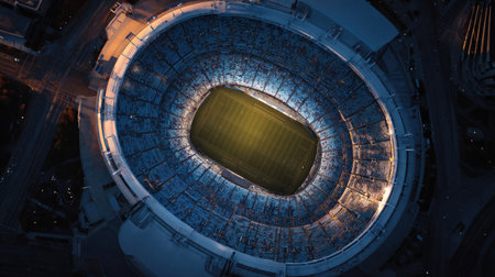 Experience the electrifying atmosphere of a crowded sports stadium at night, showcasing the vibrant lights and cheering audience surrounding the illuminated field.の素材
