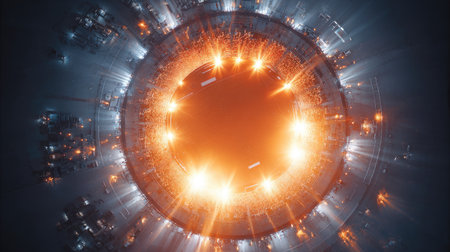 This stunning abstract image features glowing circular lights surrounded by sparks in a dark setting, perfect for showcasing modern design themes and innovative visuals.の素材