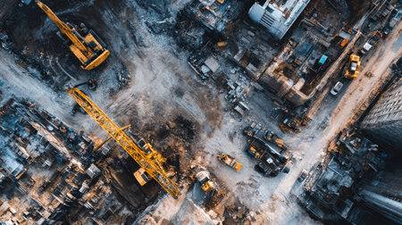 An aerial view captures a bustling construction site filled with cranes and heavy machinery. The urban landscape showcases the dynamic environment of building and development.の素材