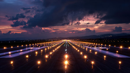 A captivating view of an illuminated airport runway at twilight, showcasing vibrant lights and a stunning sky filled with clouds, perfect for travel or aviation themes.の素材