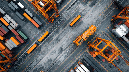 This aerial image captures a bustling container terminal, showcasing cranes, trucks, and neatly arranged cargo containers, highlighting modern logistics and transportation.の素材