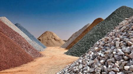 A stunning view of large piles of colorful aggregates and raw materials set against a bright blue sky, showcasing the diversity and beauty of natural resources used in construction.の素材