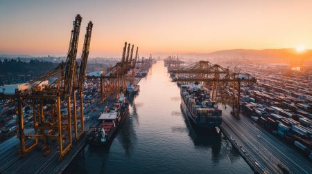 A captivating aerial view of a bustling shipping port during sunset, showcasing cranes, container ships, and serene water reflections in an industrial landscape.の素材