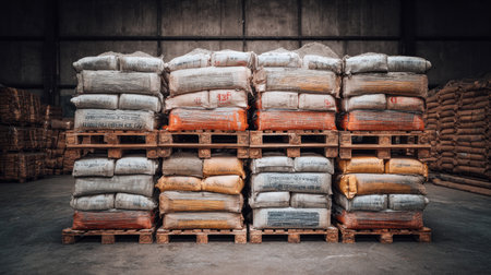 This image features organized pallets stacked with various bulk materials in a spacious warehouse, emphasizing efficient storage methods for industrial use.の素材