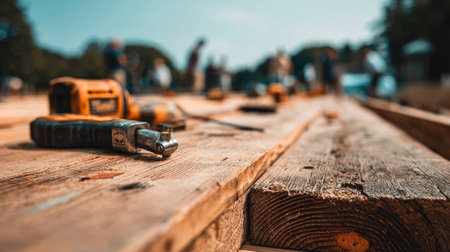 A close-up view of hand tools resting on a wooden surface at a construction site, capturing workers in the background engaged in various activities.の素材