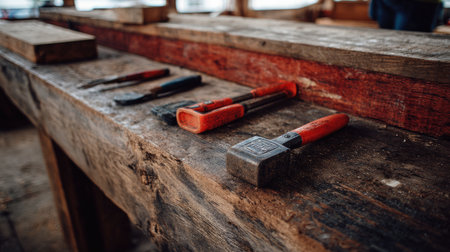 A rustic workbench featuring various tools used in carpentry, including a hammer, chisel, and saw, set against the textured wood surface of the workspace.の素材