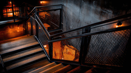 Discover the elegance of a modern industrial staircase featuring metal railings and warm ambient lighting, creating an inviting atmosphere in an urban interior space.の素材