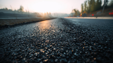 This image captures a close-up view of freshly laid asphalt on a highway road, illuminated by the soft light of sunrise, creating a serene and tranquil atmosphere.の素材