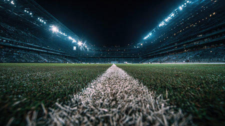 A stunning nighttime view of a modern stadium, highlighting the immaculate grass field with line markings, complemented by striking lighting and an empty atmosphere.の素材