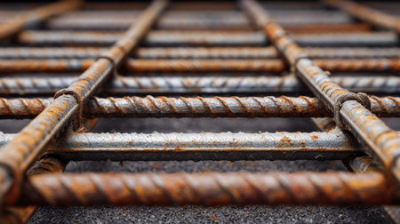 Captivating close-up of a rusty metal rebar grid used in construction projects, highlighting unique surface textures and signs of wear to reflect industrial usage.の素材