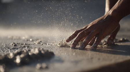 A skilled hand interacts with wet concrete at a construction site, showcasing precision and control while textures emerge in the sunlight, emphasizing craftsmanship.の素材