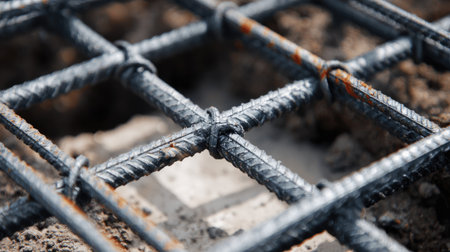 This close-up image showcases a grid of heavy steel rebar embedded in fresh concrete, highlighting the importance of structural support in construction projects.の素材