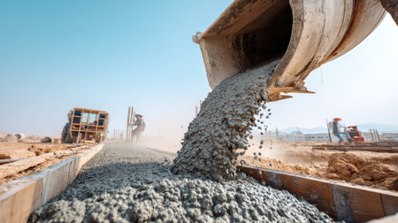 A construction site captures the moment concrete is poured from a mixer into wooden formwork, showcasing essential building activities under a clear blue sky.の素材