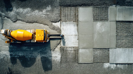 This aerial image shows a concrete mixer truck pouring fresh concrete on a construction site, with a worker monitoring the pavement building process. The scene captures essential construction activity.の素材
