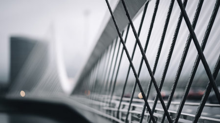 Detailed image of a modern bridge emphasizing its cable and structural lines against a soft, blurred urban background, showcasing architectural beauty and design.の素材