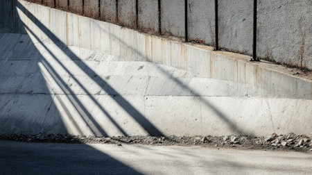Captivating abstract image featuring a textured concrete wall with distinct shadows cast by a fence, perfect for illustrating urban design and minimalism.の素材